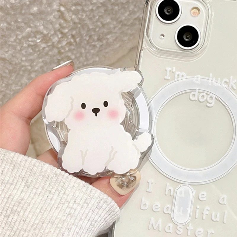 Korea Niedlicher weißer Hund für Magsafe, magnetischer Telefongriff, Tok Griptok-Ständer für iPhone 15, faltbar, kabellose Ladehülle, Halterring