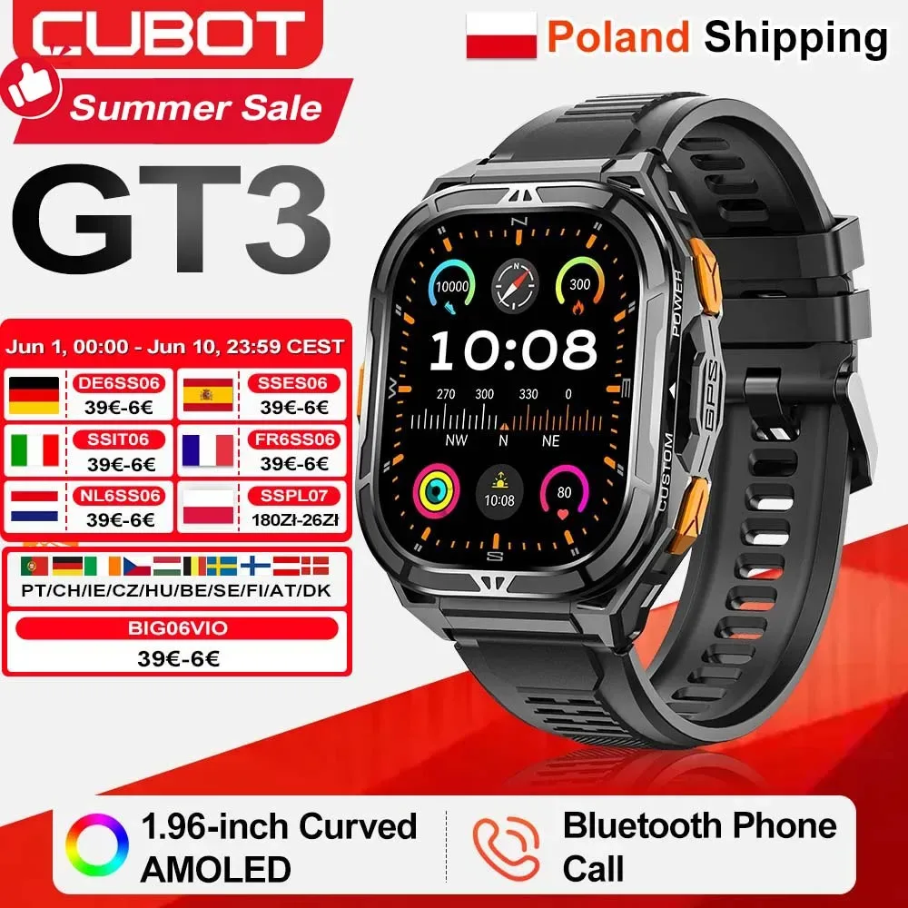 [Versand aus Polen] Smartwatch Cubot GT3, 5ATM wasserdicht, 1,96-Zoll AMOLED-Display, Blut-Sauerstoff-Monitor, Fitness-Tracker, Herzfrequenzmessung, GPS, 480 mAh Akku