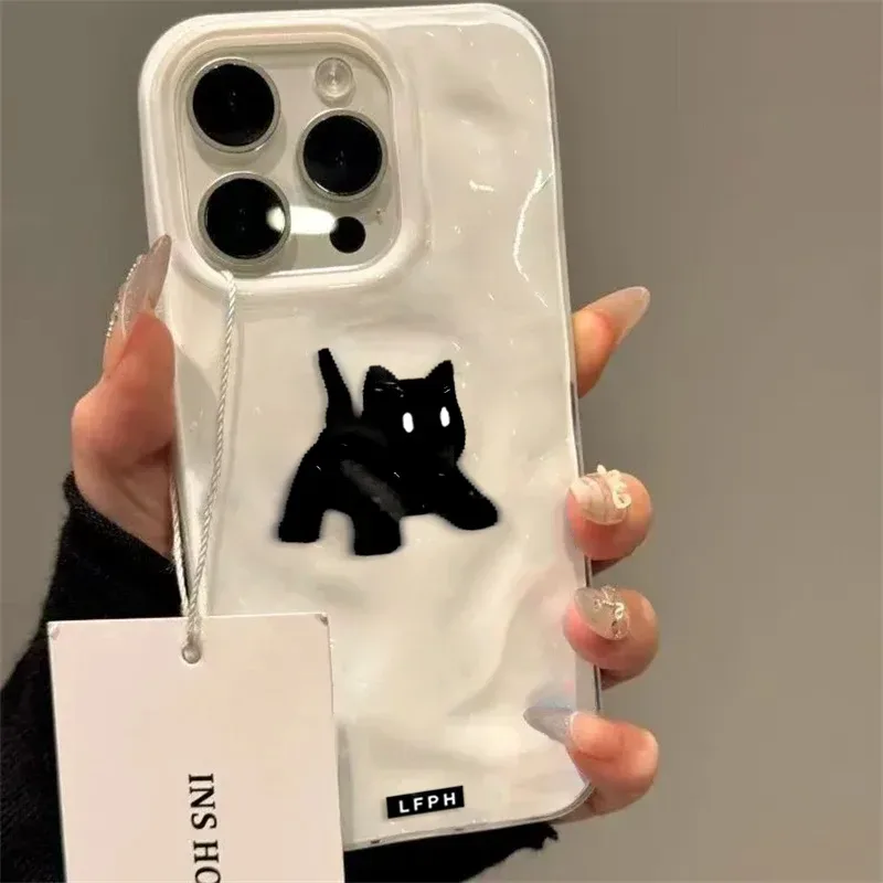 Niedliche Schwarze Flauschige Katzen-Handyhülle, Stoßfest, für iPhone 18 Pro Max 17 Pro 16 15 14 13 12 11, Air Candy Color Wave Schutzhülle