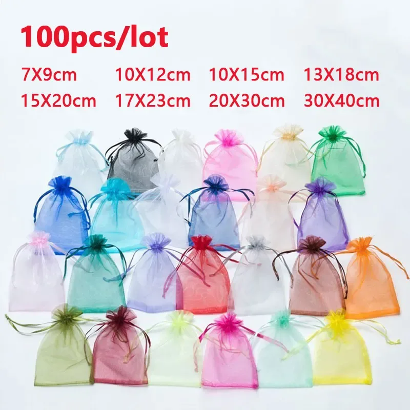 100 Teile/los 7x9 9x12 10x15 13x18CM Organza Beutel Schmuck Tasche hochzeit Party Dekoration Drawable Taschen Geschenk Beutel Schmuck Verpackung
