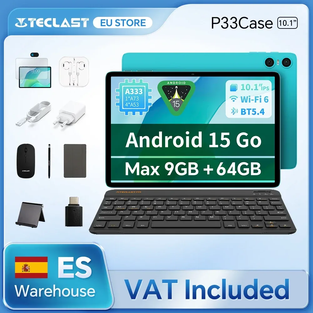 Teclast P33 10,1 Zoll Tablet, Android 15, Max 9GB RAM 64GB ROM, WLAN 6, 6000mAh Typ-C, Dual-Kamera, Metallgehäuse, Allwinner A333