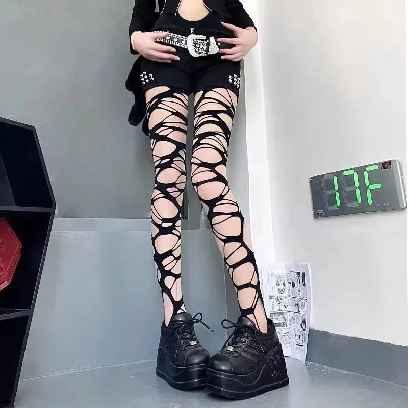 Sexy Schwarz Zerrissene Netzstrumpfhose Frauen Gothic Punk Aushöhlen Enge Mesh Strumpfhosen Strümpfe Leggings Emo Stil Egirl Streetwear