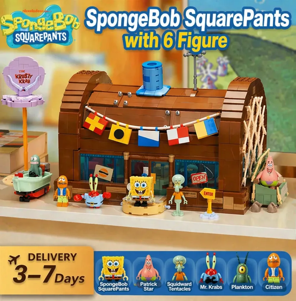 SpongeBob Schwammkopf Bausteine Cartoon Kreatives Krusty Krab Restaurant 6 Figuren Montagemodell SpongeBob Bausteine Puzzle Kreatives Spielzeug Geschenk