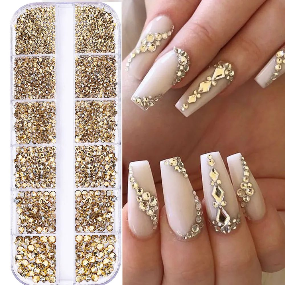1,5 mm-5 mm Champagnerglas-Kristall-Nagelkunst-Edelsteine, 12 Gitter, flache Rückseite, SS4-SS16, gemischte Nagelkunst-Strasssteine, nicht Hotfix-Diamant-Nageldeko