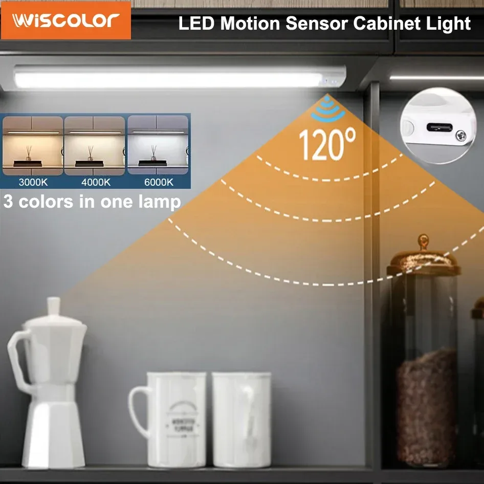 Wiscolor Kabellose LED-Schrankleuchte Typ-C, 20/30/40/50CM, wiederaufladbar, Bewegungssensor, magnetisch, ultradünn, Notfallreaktion, für die Beleuchtung von Küchenschränken und Garderoben