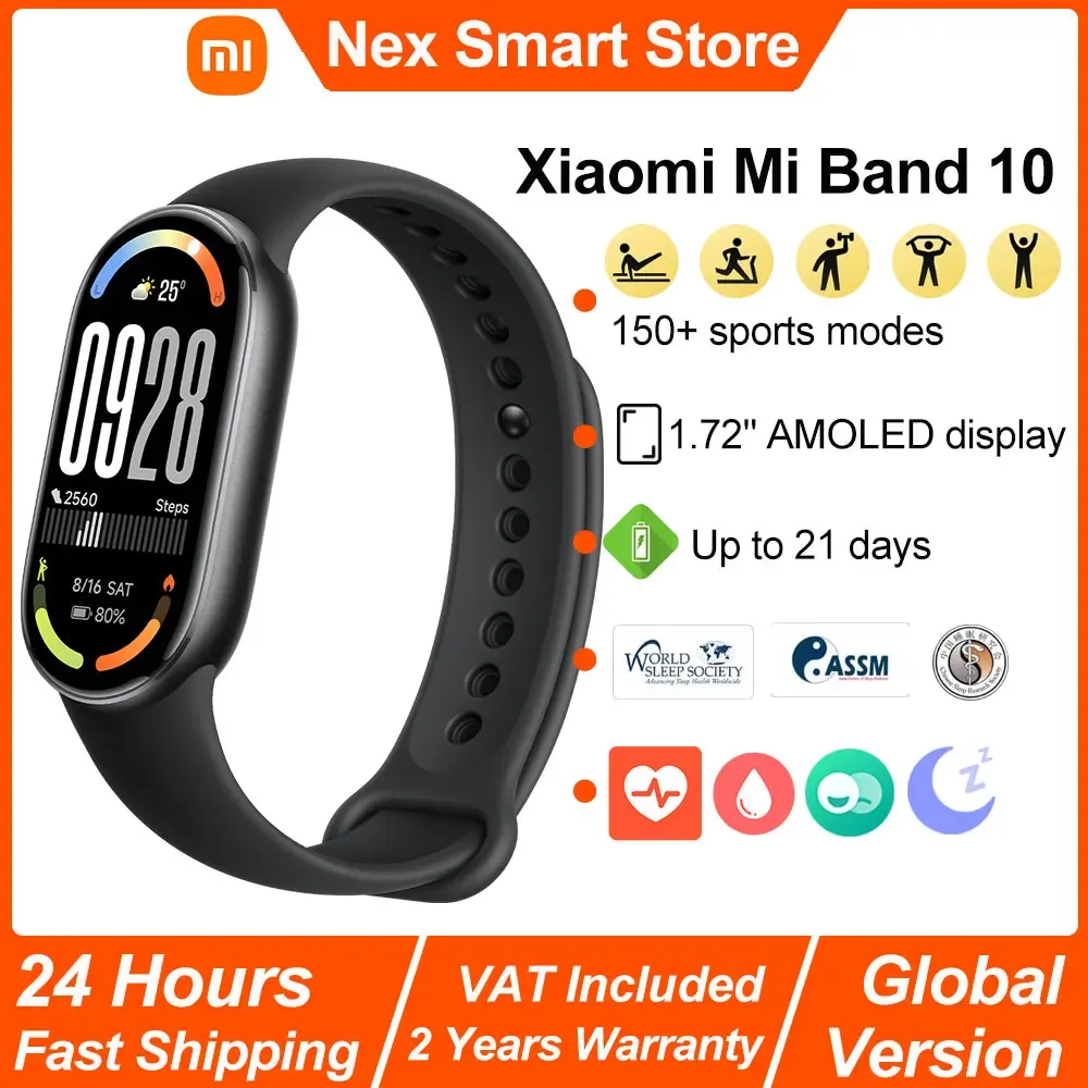 Neues Xiaomi Mi Band 10 Smart-Armband, 1,72 Zoll AMOLED-Display, Herzfrequenz-Blutsauerstoffüberwachung, 150 + Sportmodi BT5.4 Smart Band Globale Version