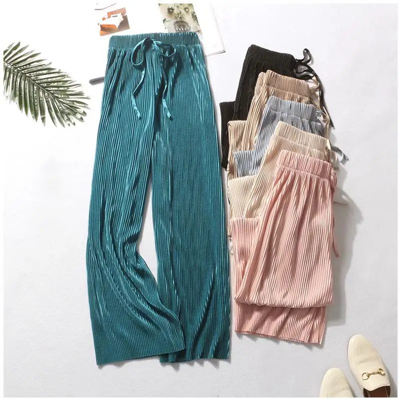Frauen Mode Sommer Breite Bein Hosen Plissee Eis Seide Hosen Elastische Taille Lose Beiläufige Hosen