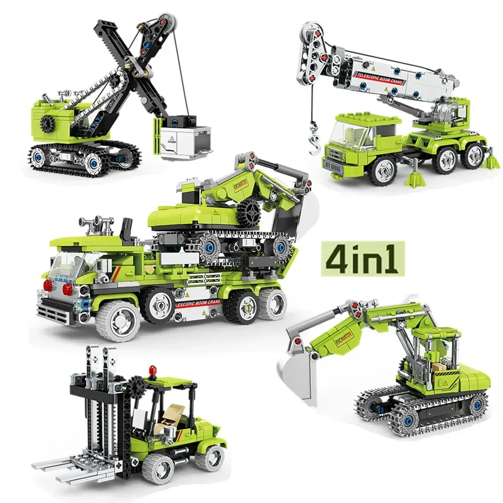 4 in 1 Engineering Lift Trucks Bagger Kran Stadt Baufahrzeug Auto Modell Bausteine Ziegel Kinderspielzeug Geschenk