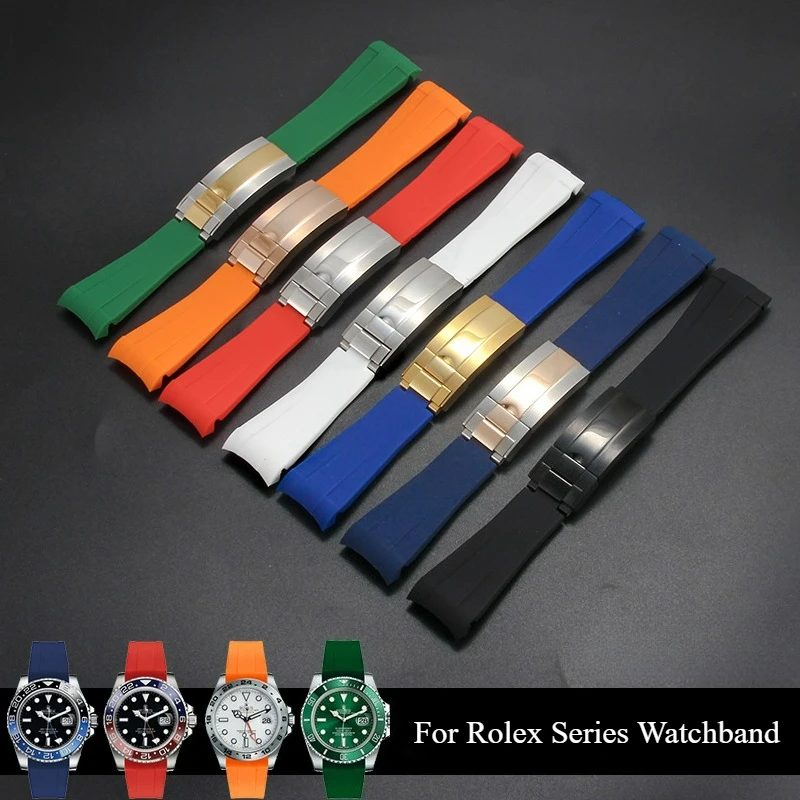 Hochwertiges Silikonarmband in Schwarz, Grün, Rot, Blau und Weiß, gebogene Schnittstelle für Rolex Datejust Submariner-Armband