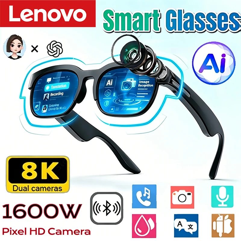Lenovo 2026 Neue Smart-Brille mit KI-Übersetzung, Bluetooth-Konversation, Aufnahme- und Musikwiedergabe ? Smarte Sonnenbrille für Herren und Damen
