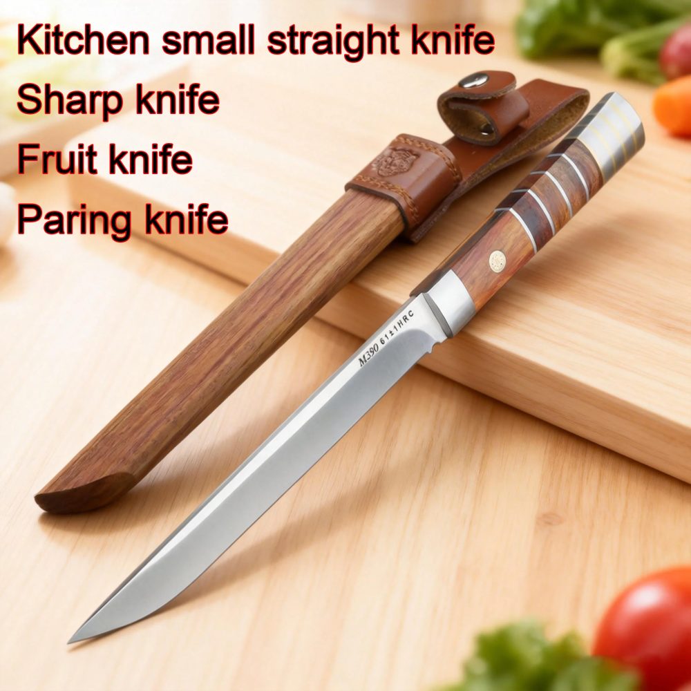 Hochharter Edelstahl-Küchenmesser, professionelles Obstmesser mit Lederscheide, ideal zum Schneiden von Fleisch und zum Kochen.