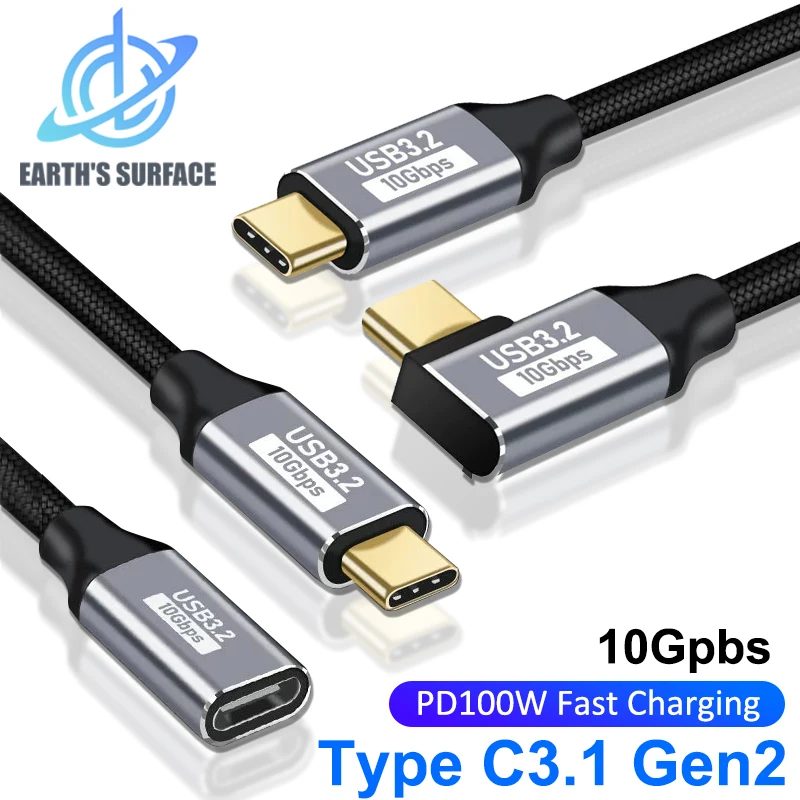 100 W PD-Schnellladekabel, 5 A, Typ USB C 3.1 Gen 2 Stecker auf Buchse, Verlängerungskabel, 90 Winkel, 10 Gbit/s, USB-C-Extender-Datenkabel
