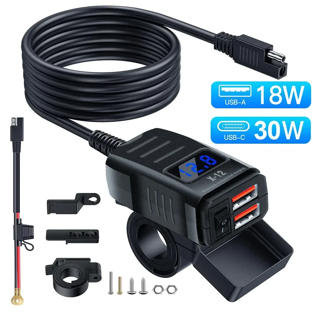 USB-Motorrad-Ladegerät PD+QC3.0 Wasserdichter Schnellladegerät-Adapter Lenker-Montagehalterung Ladegerät 12V/24V Motorrad