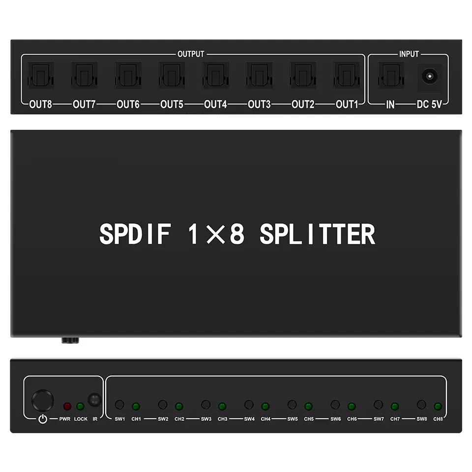 Optischer Audio-Splitter, 1 in 8 Out Fiber Optic Digital Toslink S/PDIF-Splitter für Heimkino, Lautsprecher, PlayStation, Fernseher, DVD-Play