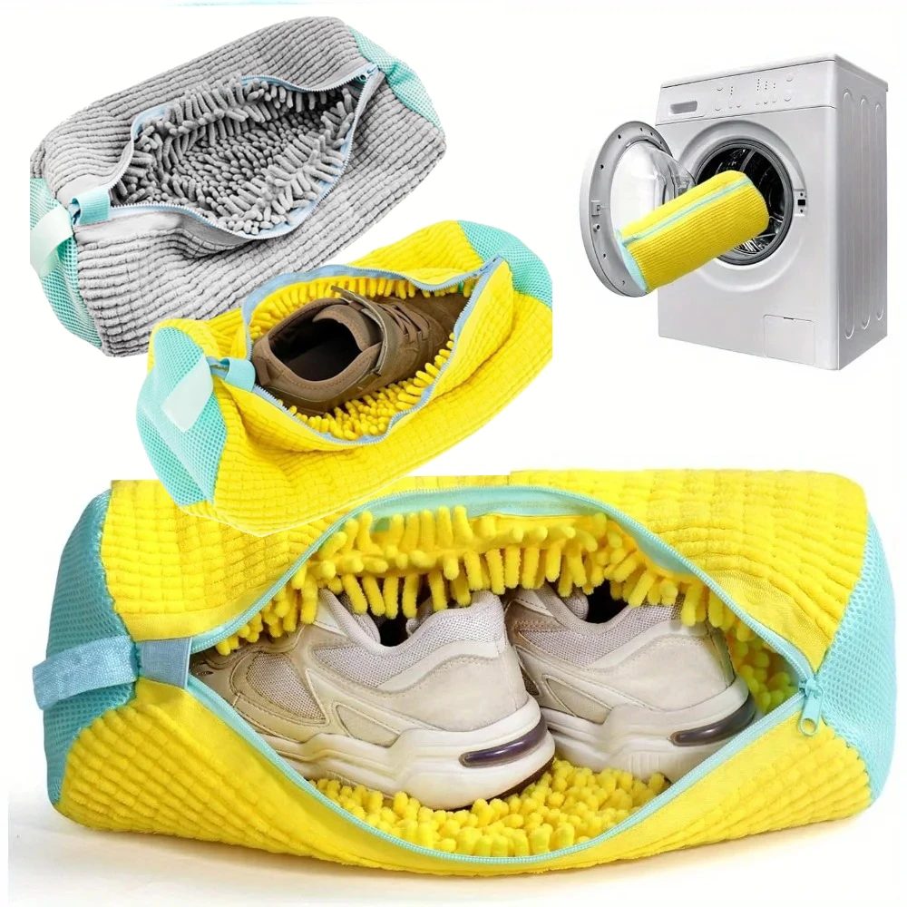 1 Stück robuste Schuhwaschmaschinentasche für alle Schuharten ? Gelb/Grau mit Reißverschluss für Turnschuhe und Freizeitschuhe, Wäschesack