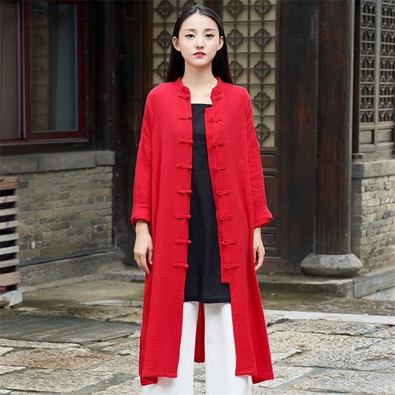 Hochwertige Damen-Baumwoll-Strickjacke im Chinesischen Stil mit Knöpfen und Stehkragen, Einfarbiges Kleid, Vestidos