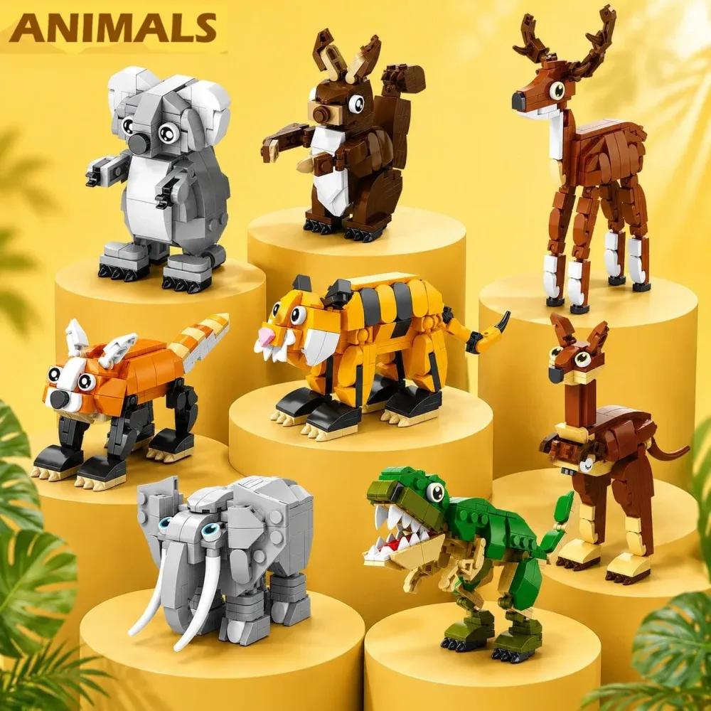 NEU 3 IN 1 Tier-Szenen 3D-Bausteine Zoo Dinosaurier Elefant Tiger Känguru Sikahirsch Fisch Eichhörnchen Koala DIY Spielzeug-Bausteine