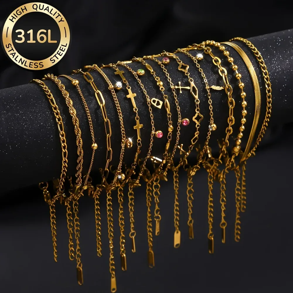 Zufälliges 8-teiliges Set modischer Damenarmbänder aus 18K vergoldetem Edelstahl, elegantes und luxuriöses Damenschmuckset, stilvolles und einzigartiges Design, geeignet für alle Jahreszeiten.