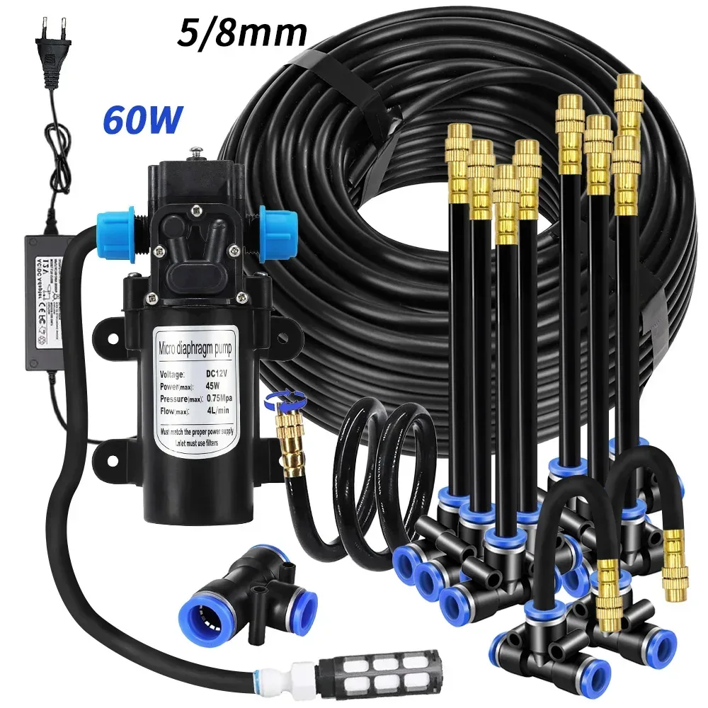 Garten-Sprühset mit 5/8mm PE-Schlauch, 60W Selbstansaugender Pumpe, 20cm Universal-Messingdüse, Bewässerungssystem für Pavillon und Pflanzen