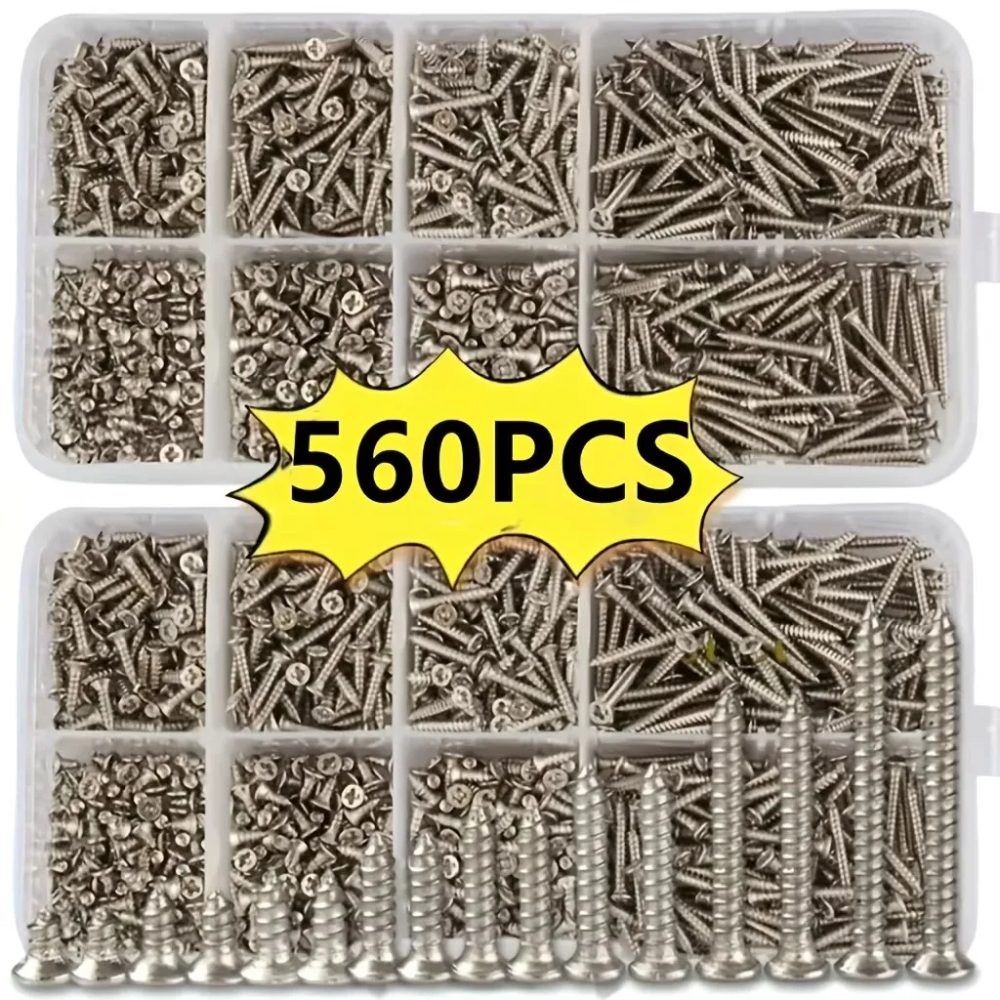 Schrauben-Set mit 560 Selbstschneidenden Holzschrauben - Enthält 8 Verschiedene Größen von M2 Flachkopf-Metallschrauben Klassifizierungs-Kit
