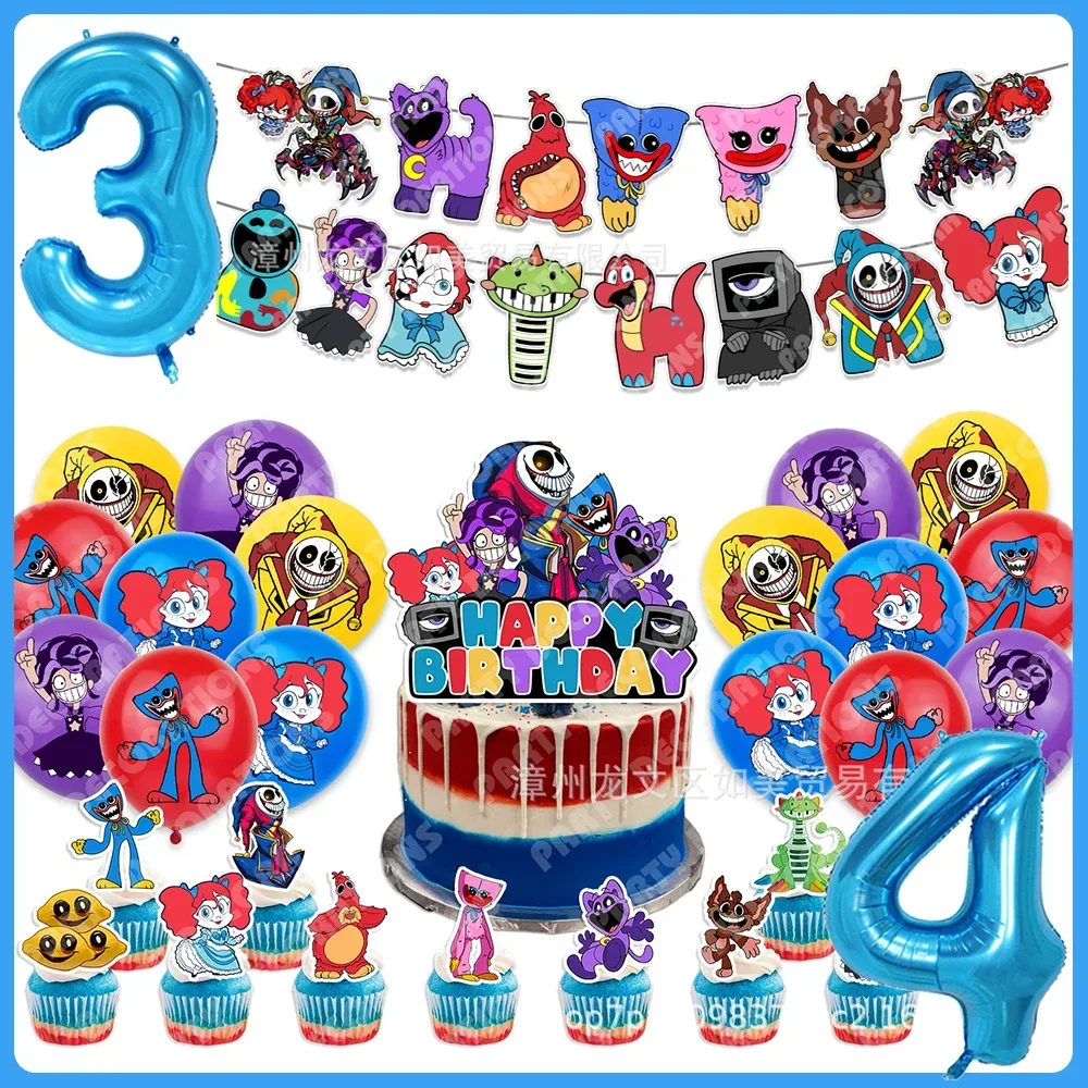 Cartoon Huggy Wuggy Geburtstagsdekorationen Partyzubehör Smiling Critter Hintergrund Ballons Banner Tortendekoration Halloween Deko-Set