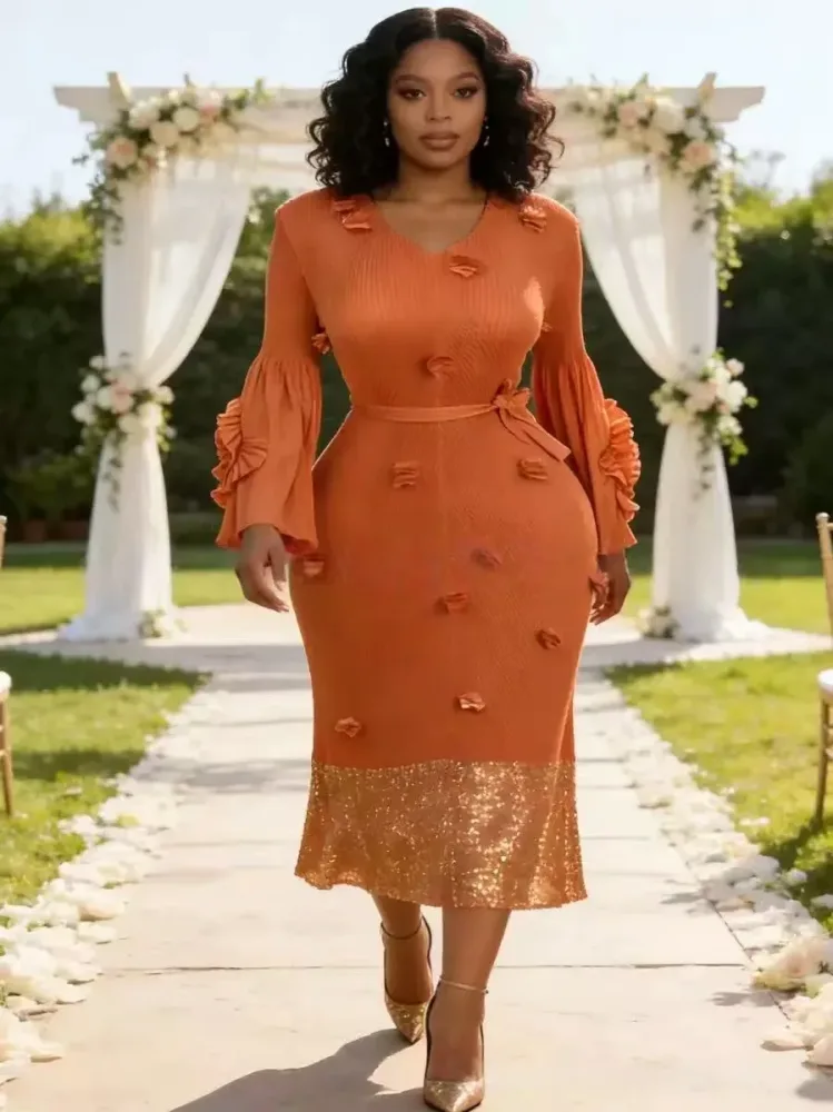 Miyake High-End-elegantes Fischschuppen-Plissee-Kleid mit Blütenblattärmeln, schwere Industrie, dreidimensionales, bronzierendes Damenkleid mit Blumenmuster