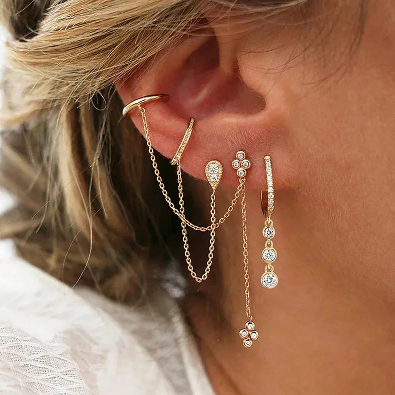 Edelstahl Gold Farbe Kette Baumeln Ohrringe für Frauen Zirkonia Anhänger Clip Ohrring Urlaub Partei Schmuck Zubehör