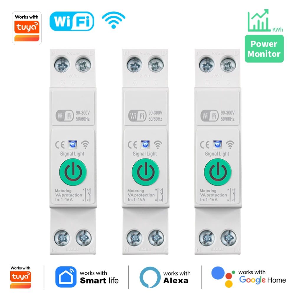 1P+N 16A WLAN-Smart-Leistungsschalter mit Energiemessung, kWh, Spannung, Stromschutz, kompatibel mit Tuya Fernbedienungsschalter