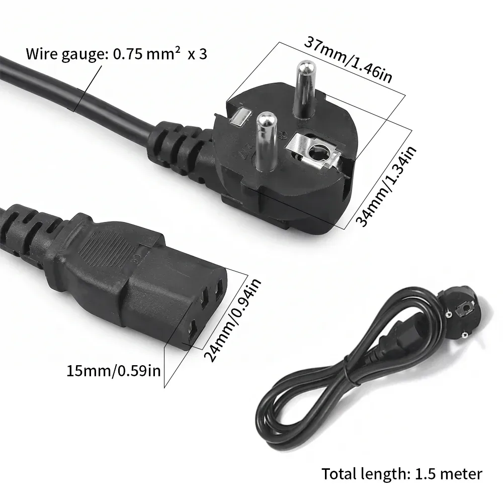EU1,5m/3M 0,75mm 18 AWG 60C 250V Universal-Netzkabel für PC, Computer, LG TV zu IEC320C13 Schwarz PWC75A150