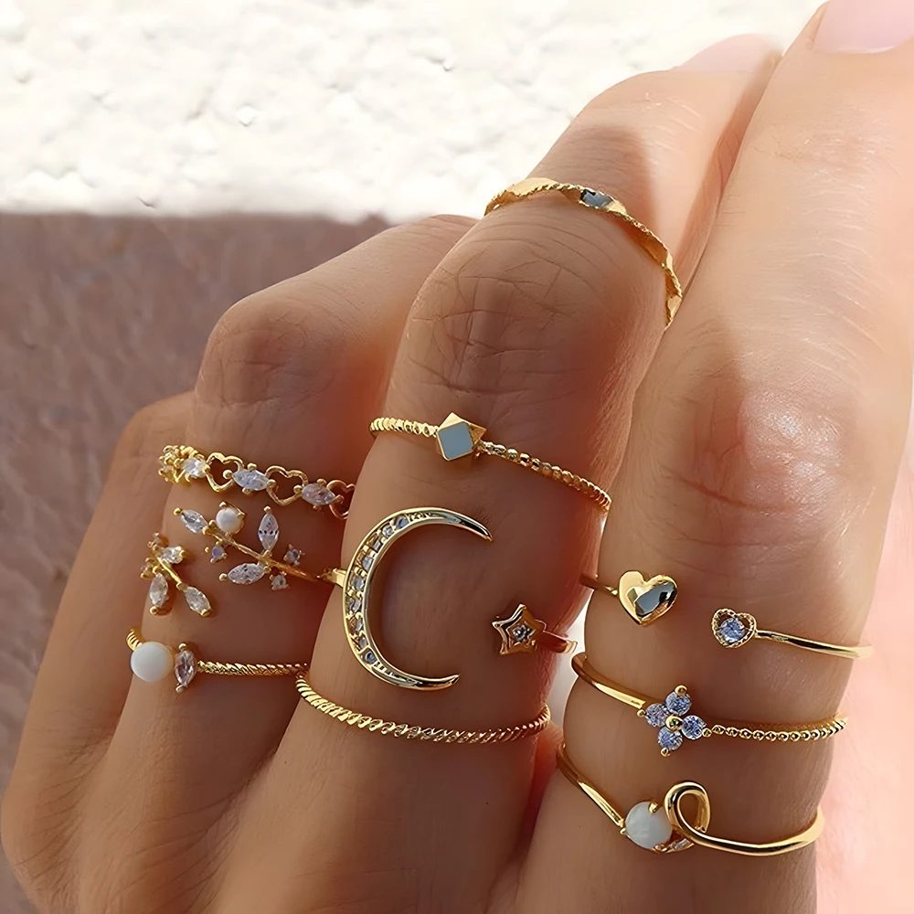 10Pcs Ringe Anzug Für Frauen Gold-farbe Kette Ring Set Böhmischen Stil Münze Schlange Mond Sterne Party Blätter liebe Trend Geschenk Schmuck