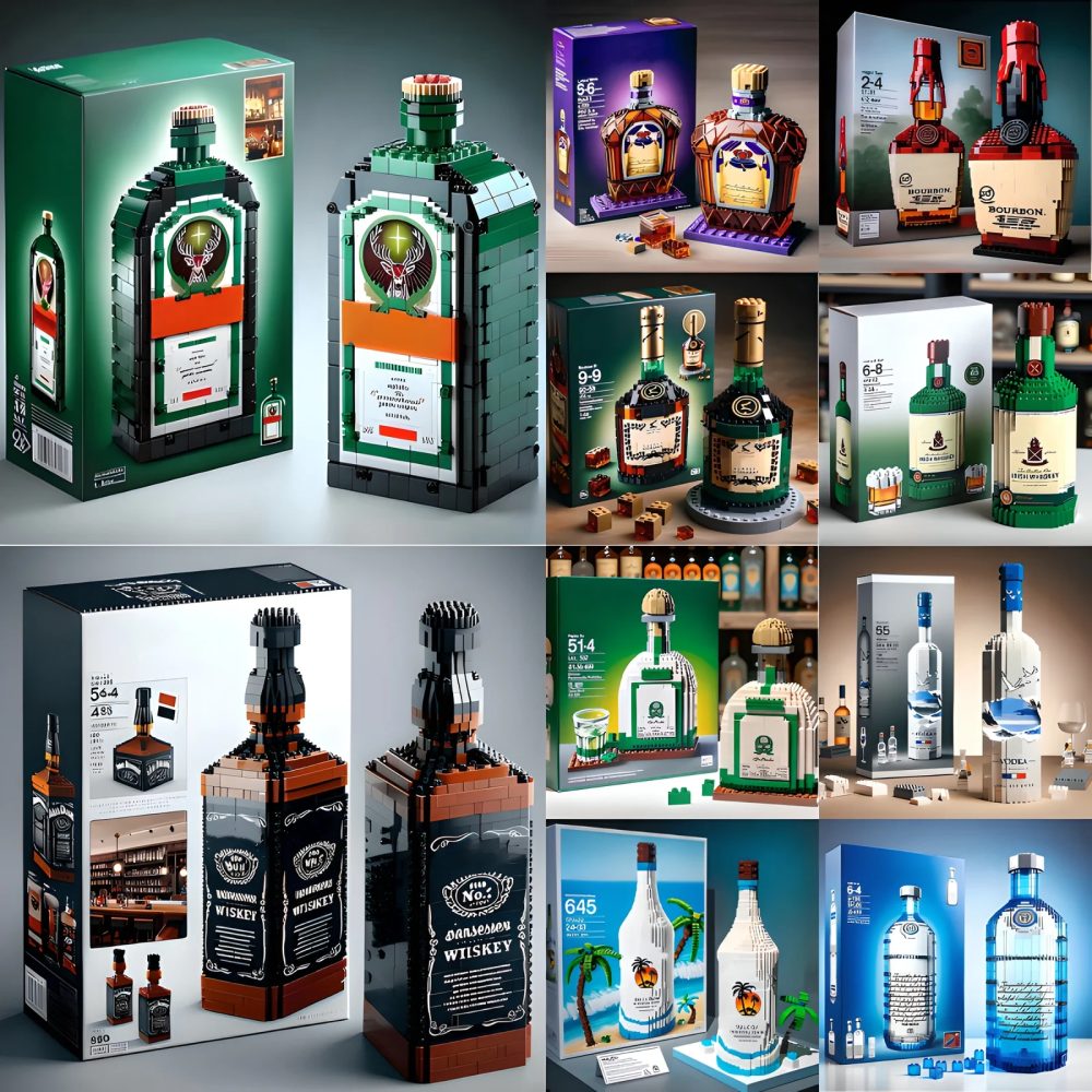 Kreative Whiskey-Flaschen-Bausteine ohne Box, 3D-Puzzle DIY-Modellbausätze für Erwachsene, Heimbar-Dekoration, 10 Stile verfügbar