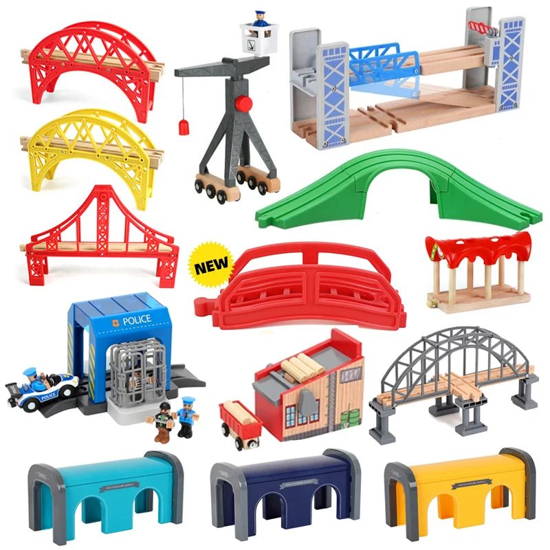 Alle Arten von Holz-Eisenbahnschienen-Zubehör, Buchenholz-Eisenbahnschienen, Holzbrücken, Tunnel, passend für Holzschienen-Spielzeug.