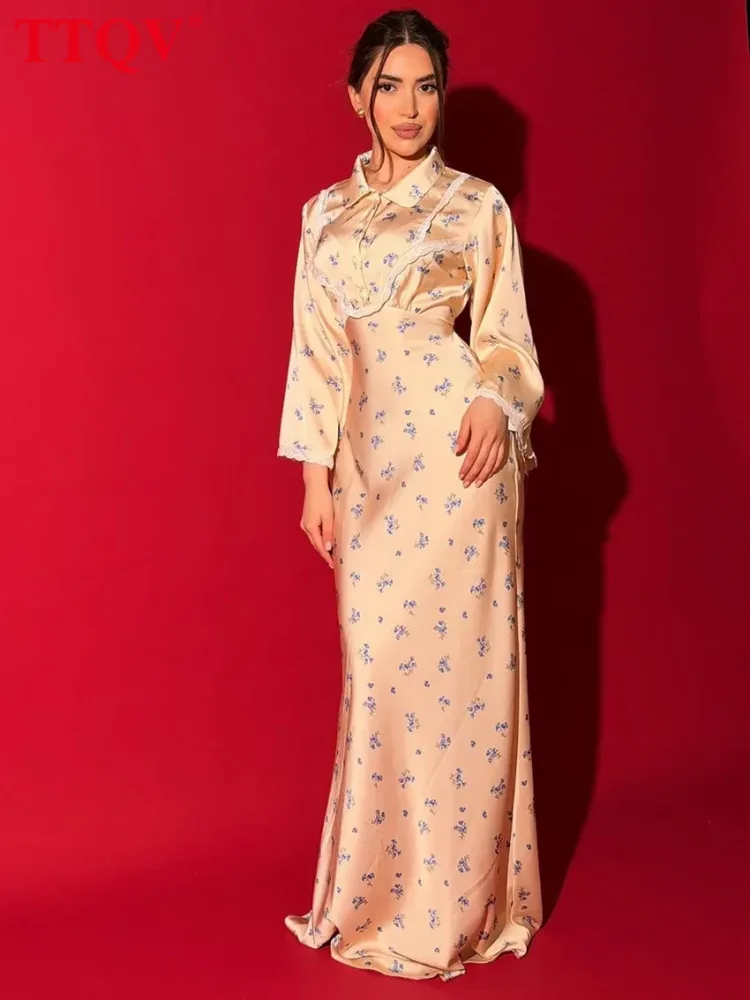 TTQV Modisches Schlankes Bedrucktes Damenkleid 2026 Herbst Revers Langarm Maxikleid Elegantes Klassisches Damenkleid Streetwear