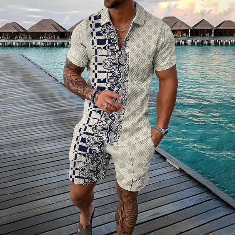 Vintage Herrenanzug Mode Reißverschluss Poloshirt Shorts Hose Zweiteiliges Set 3D-Druck Übergroße Herrenkleidung Trainingsanzug Set Bekleidung