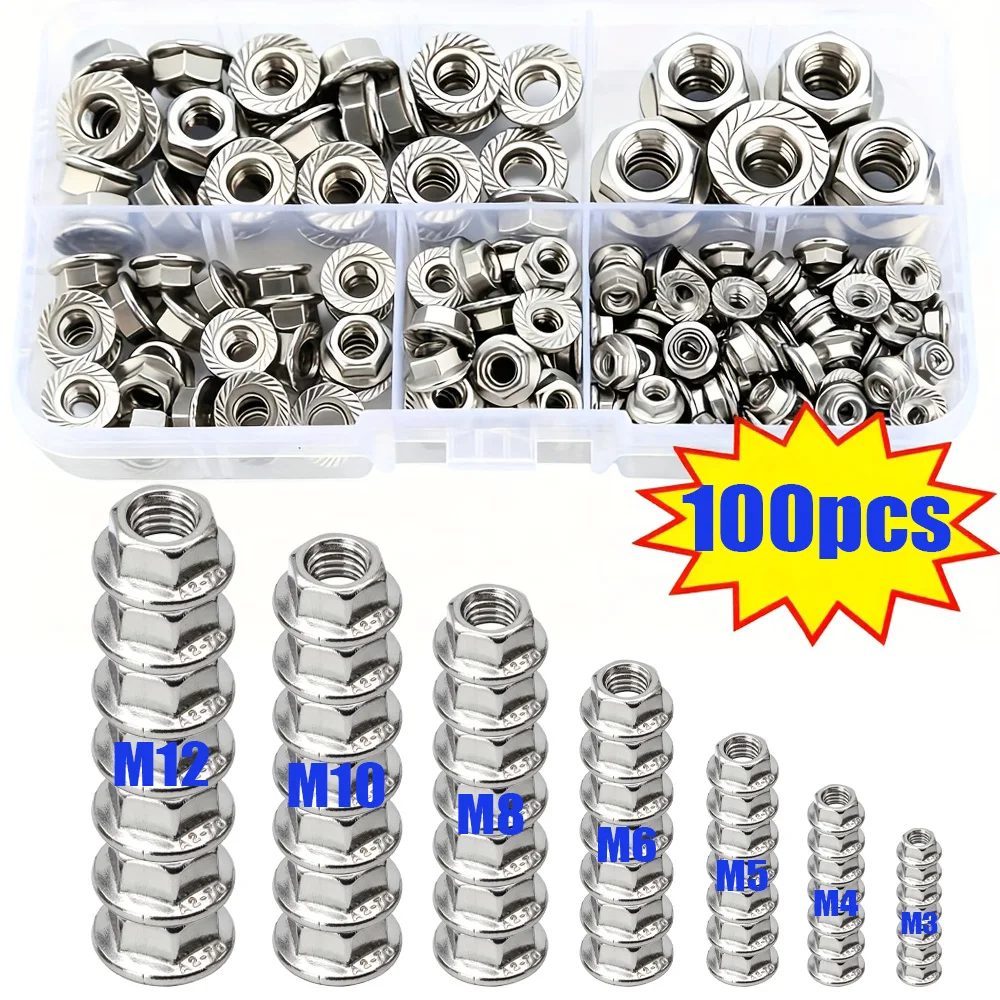 100-teiliges Edelstahl-Sechskant-Flanschmuttern-Set M3-M10, für die Wartung von Maschinenteilen und für den Bau im Außenbereich.