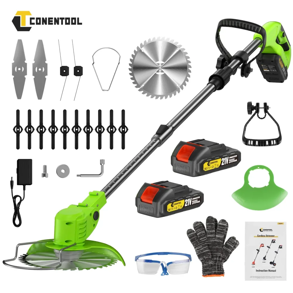 21-V-Akku-Rasentrimmer, leichter Teleskop-Rasentrimmer mit 5 x Metallklingen und 10 x Kunststoffklingen, 2 x 2000-mAh-Batterien