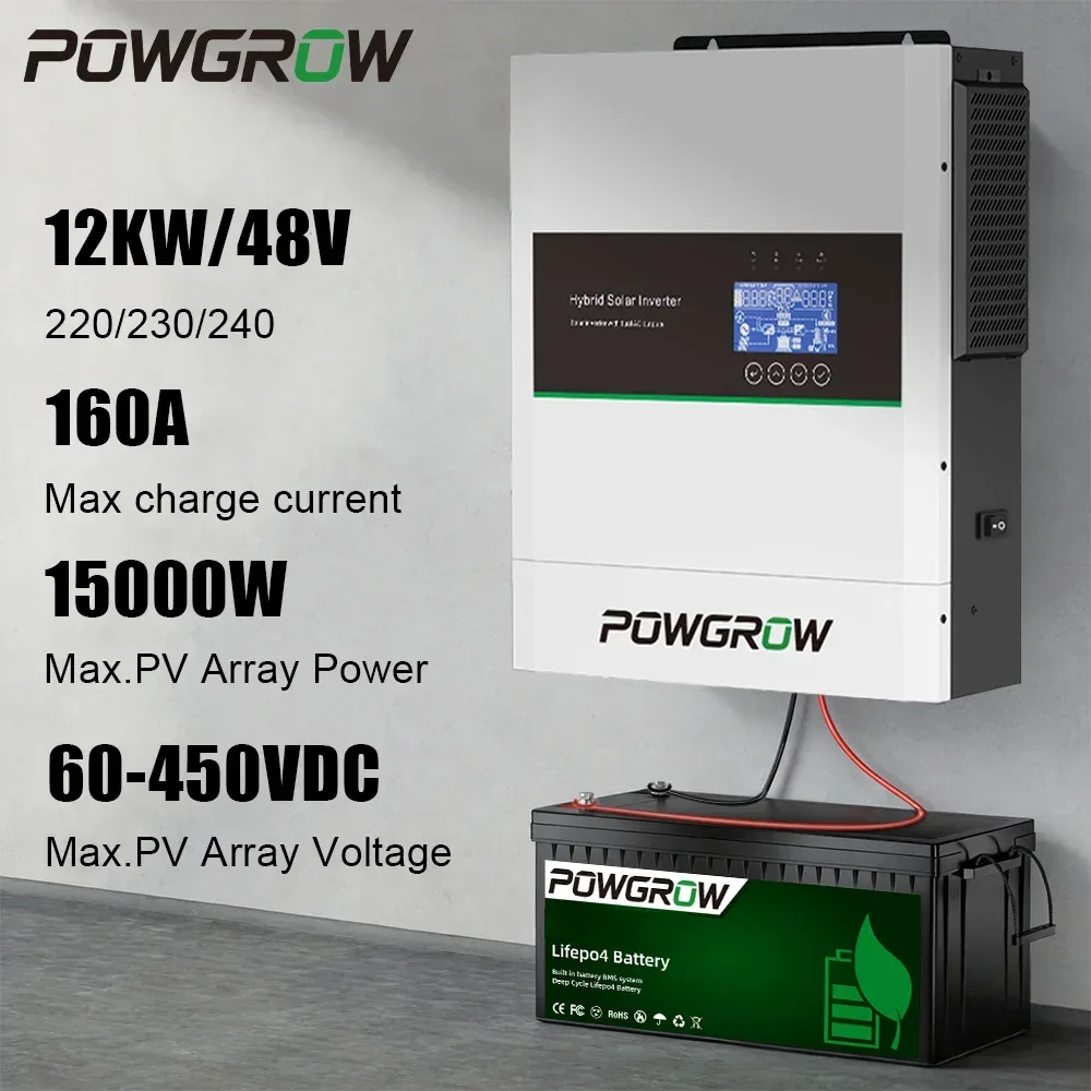 POWGROW 12KW 6.5KW 3.6KW Hybrid-Solarwechselrichter 48V/24V 230Vac mit integriertem MPPT-Solarladeregler für On- und Off-Grid-Anwendungen, reiner Sinuswellen-Wechselrichter mit WLAN-Unterstützung und