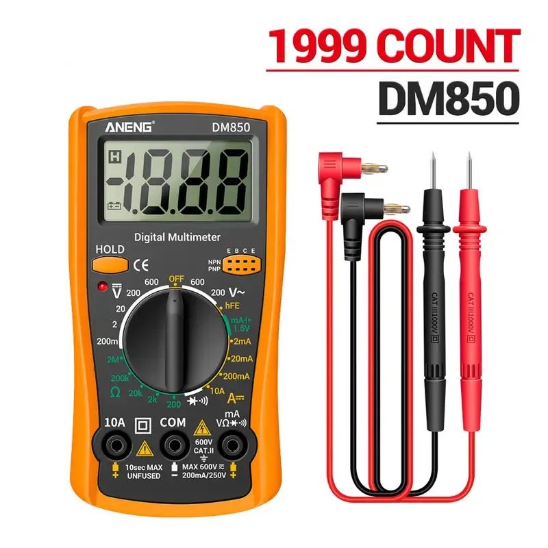 DM850 Professionelles Digitalmultimeter 1999, Auto-AC/DC-Spannungsprüfer, Ohm, Strom, Amperemeter, Prüfspitze, professionelles Detektorwerkzeug