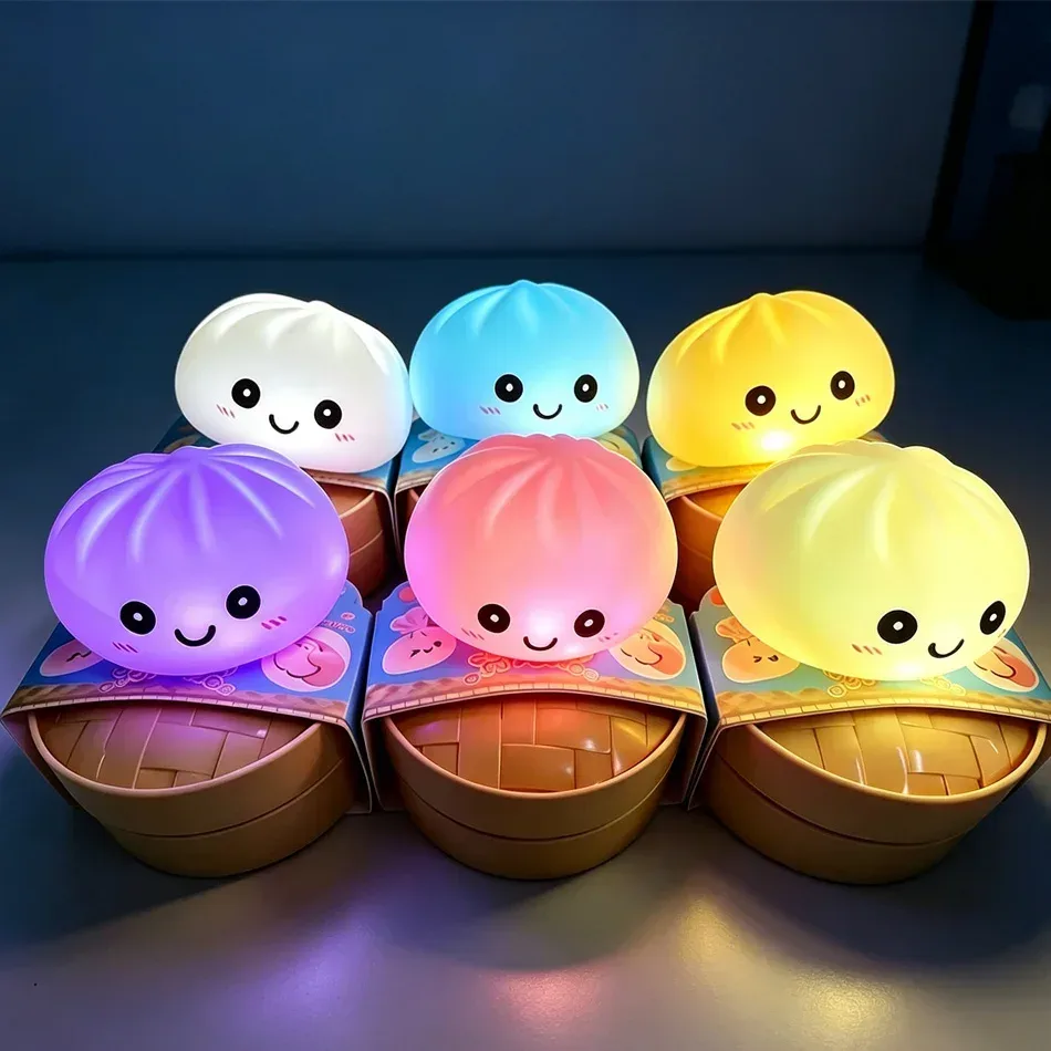 Ästhetisches LED-Brötchen-Nachtlicht, Weiches Silikon-Squishy-Spielzeug, Leuchtende Lebensmittel-Dekoration, Sensorischer Stressabbau, Niedliches Geschenk
