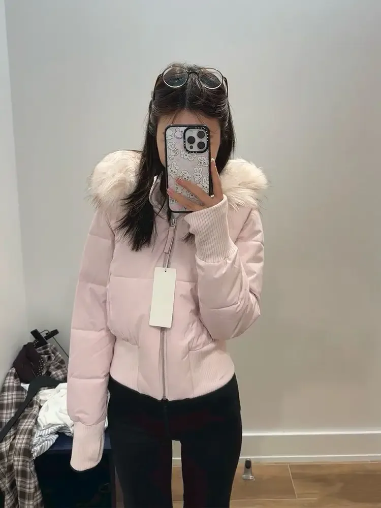 Sanfter Wind, rosa Pelzkragen, Kapuze, Baumwollmantel für Damen, Winter, neuer koreanischer Stil, verdickte und warme Baumwolle mit kurzer Taille