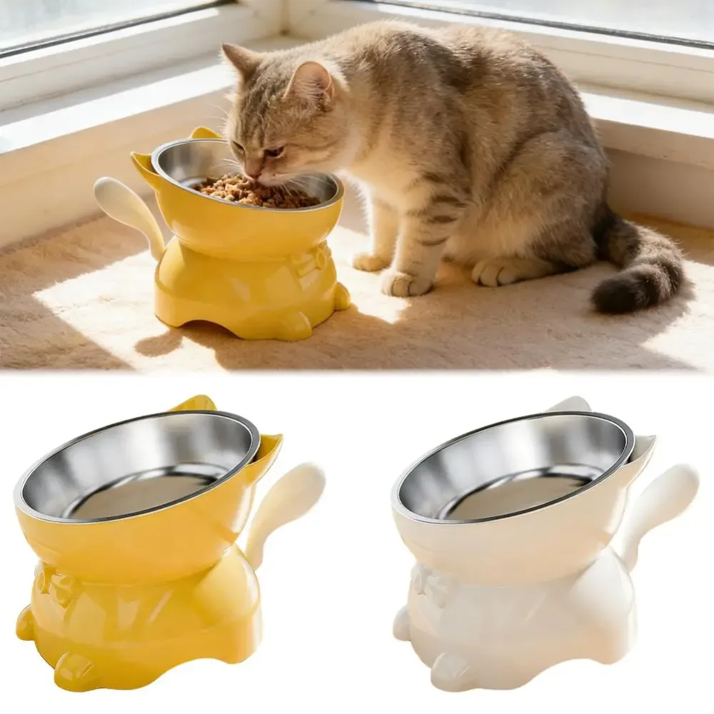1 Stück Erhöhter Edelstahl-Katzenfutternapf, Geneigte Futter- und Wasserschale mit Niedlichem Ohrenständer, Nackenschutz-Design für Katzen
