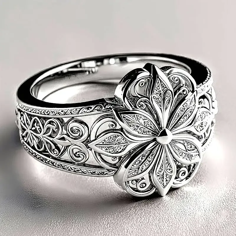 Huitan Wunderschöner Damenring, ästhetisches Blumen-Gravur-Design, trendiges Zubehör für Party, Hochzeit, bezaubernder, schicker Schmuck, Geschenk für Damen