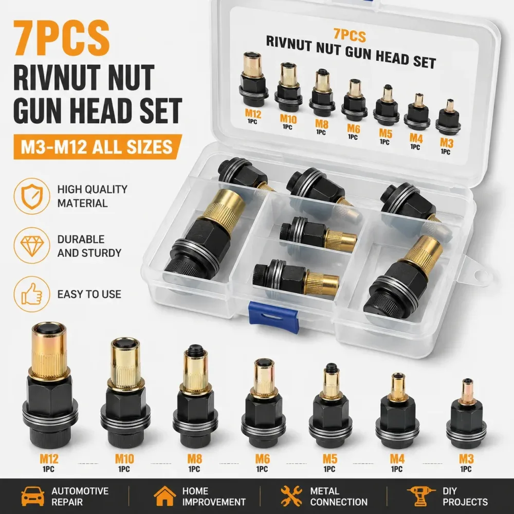 Geschenkbox-Set 7-teilig: Rivnut-Mutterkopf-Set M3-M12, Dornen-Kit, Gewindeeinsatz-Werkzeugköpfe für Autoreparatur, DIY-Metallbearbeitung