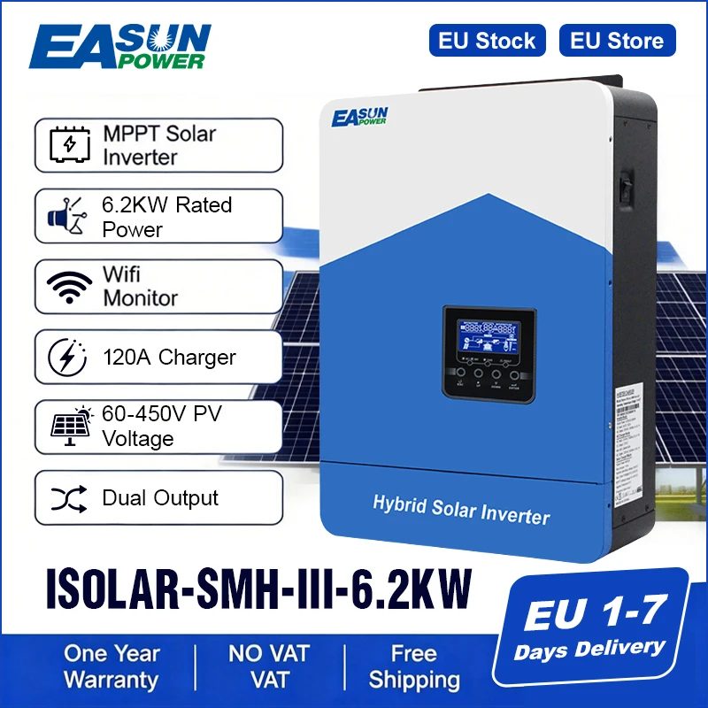 Easun Hybrid-Wechselrichter 6,2kW/48V 4,2kW/24V MPPT Dual-Ausgang Reine Sinuswelle 120A 230V 50/60Hz Solar-Wechselrichter-Ladegerät mit BMS WLAN