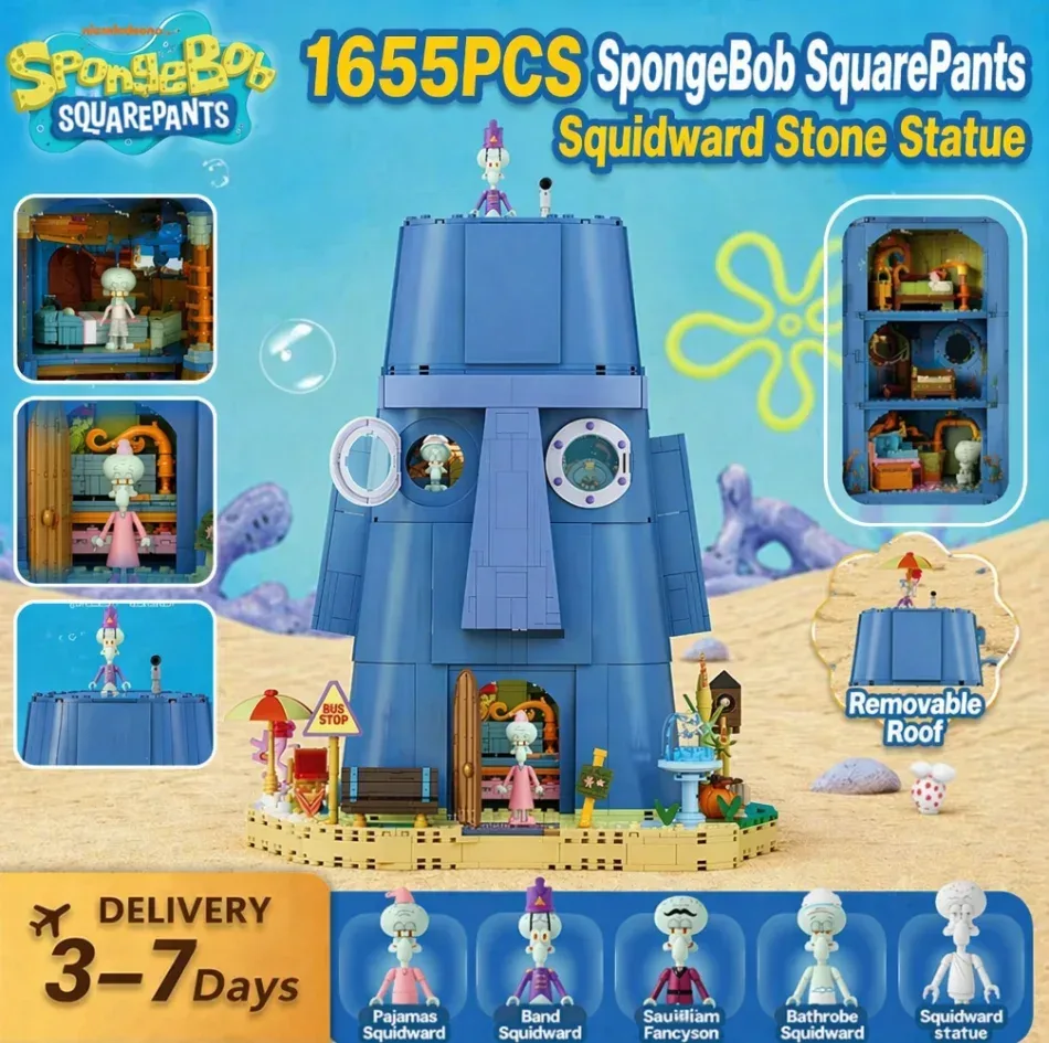 Klemmbausteine? SpongeBob Schwammkopf Thaddäus Steinfigur Haus Bausteine Cartoon Montagemodell Bausteine-Set mit Figuren und Licht Kreative Spielzeuge Geschenke für Erwachsene 1655 Teile