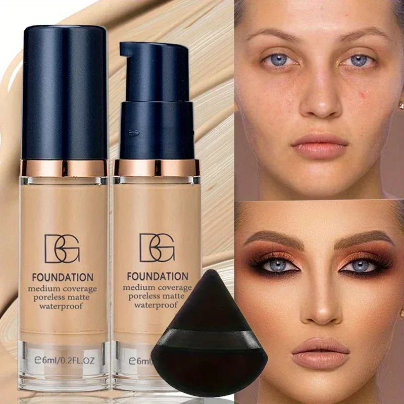 2 Stück wasserdichte flüssige Foundation mit vollständiger Abdeckung und schwarzer dreieckiger Puderquaste, langlebig, mattes Finish, dunkler Kreis und Blemish-Abdeckung