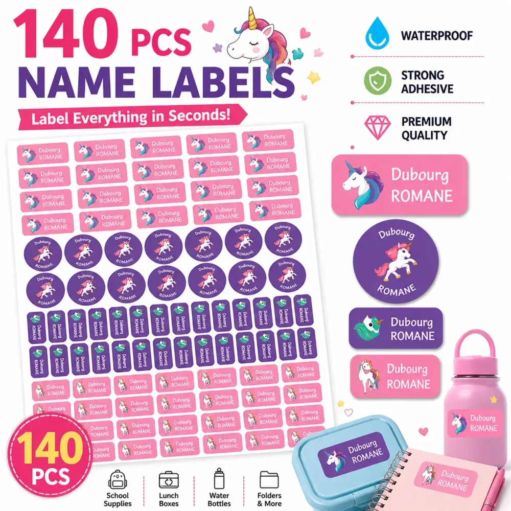 TREES 140 Stück individuelle wasserfeste Namensschilder-Aufkleber, Cartoon-Stil, Namensaufkleber für Kleidung, personalisierte Namensaufkleber