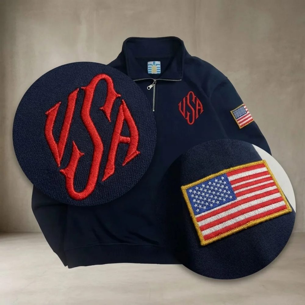 Y2K Amerikanische Flagge Bestickte Kapuzenpullover mit Viertelreißverschluss für Herren, Marineblau-Weiß Pullover mit Aufnähern, Streetwear Casual Sweater