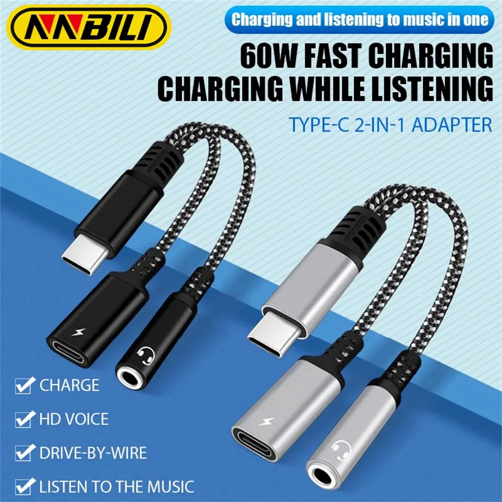 NNBILI PD 60W 2in1 Typ C auf 3,5mm Kopfhörer Jack Adapter Typ C Ladung Audio Aux Adapter für iPad Pro Samsung S24 Xiaomi Huawei