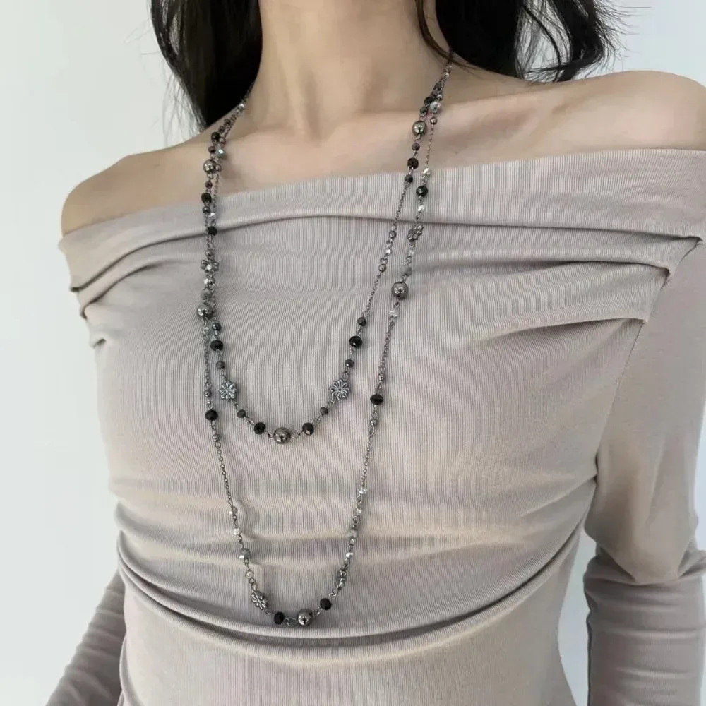 Retro Doppelschichtige Kettenkette für Damen, Böhmischer Vintage-Stil, Lange Ethnische Halskette mit Bunten Blumenperlen